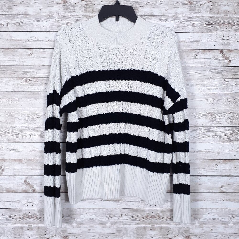 Tahari Womens Cable Knit Sweater M Mock Neck Stripe 108A